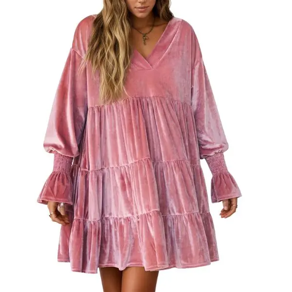 Fisoew  Elegant Velvet Loose Tiered Swing Dress, V Neck Bubble Long Sleeve Smocked Flare Cuff Babydoll Mini Dress for Holiday Dinner Date Night Fall Outfit, Women, Oversized