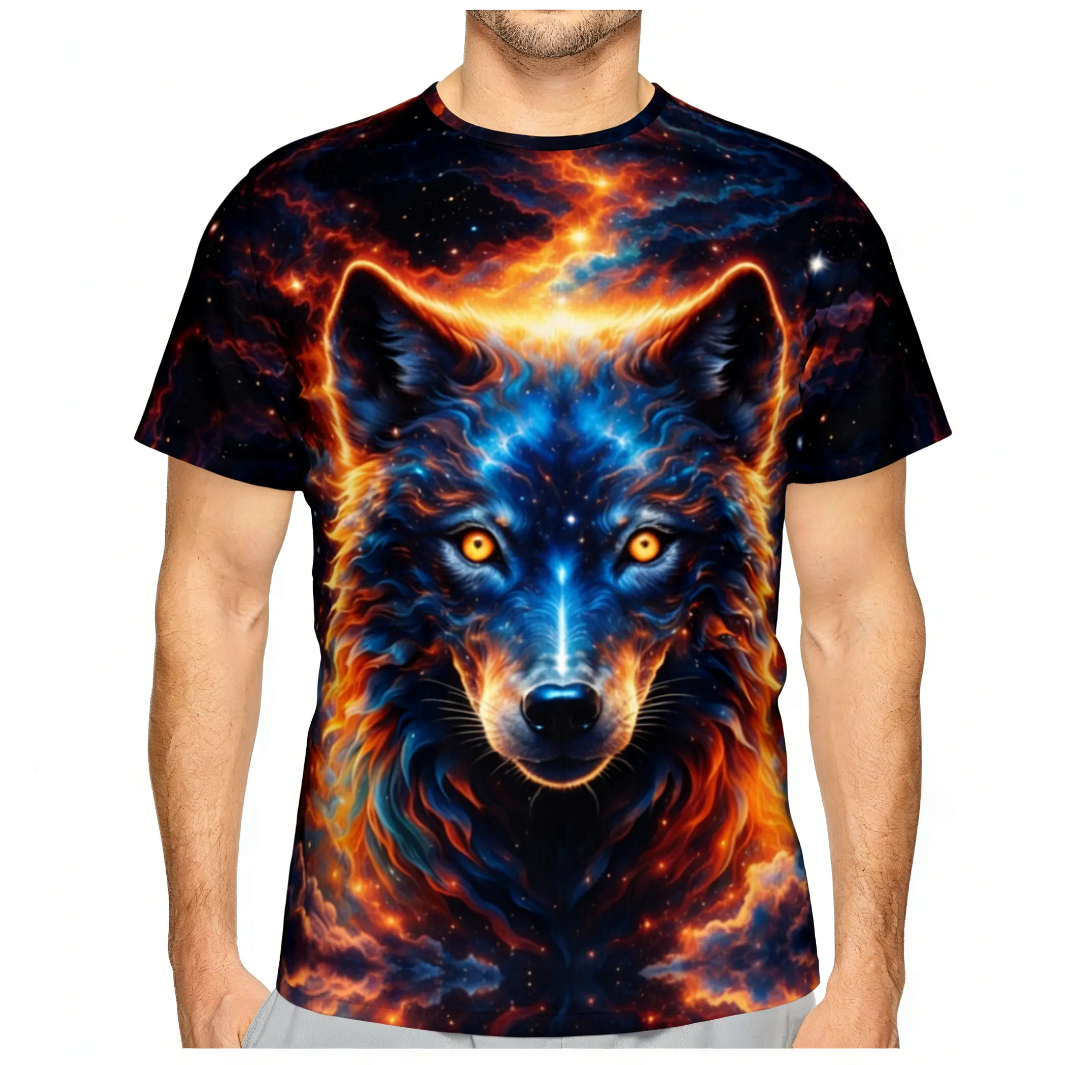 Men's Graphic T-Shirt with Cosmic Wolf Galaxy Print, Unisex Relaxed Fit Polyester Streetwear Top with a Crew Neck, Elasticity, Cold Wash, Fashion, Gym, Loose-Fitting, Machine Washable, Mixing Galaxy, Shortsleeve, Menswear, Graphic T Shirts, Casual Fit, Ro
