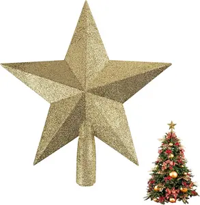 Glittered Christmas Tree Topper, 8 Inches Gold Glitter Christmas Tree Ornaments Metal Hollow Star for Christmas Tree Home Decoration