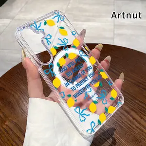 Lemon Blessing Verse Pattern Magnetic Phone Case for  Samsung Galaxy S26 Edge S23 Ultra S24 Plus FE S25 S22+ Non-Yellowing Clear Crystal Drop-proof Slim Silicone Shockproof Transparent Acrylic Large Hole Cover Supports Wireless Charging