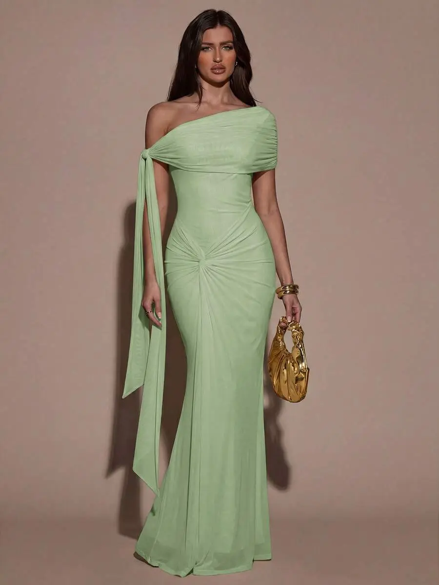 Women's Sage Green Ruched Asymmetric Waist Elegant Elegant Long Dress For Party Wedding Summer,Summer Dresses For Women