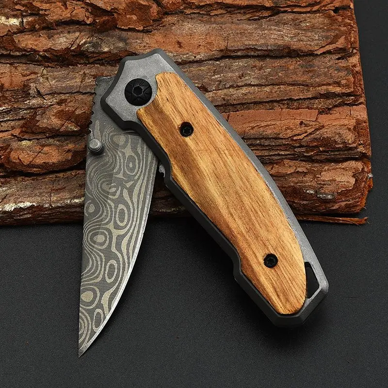 Damascus Pattern Folding Pocket Knife with Wood Handle - Stainless Steel EDC Camping Knife for Hiking, Fishing, Backpacking & Cooking - Compact Liner Lock Pocket Knife - Mens Everyday Carry Tool - Gift for Dad, Husband, Boyfriend, Outdoorsmen Birthday