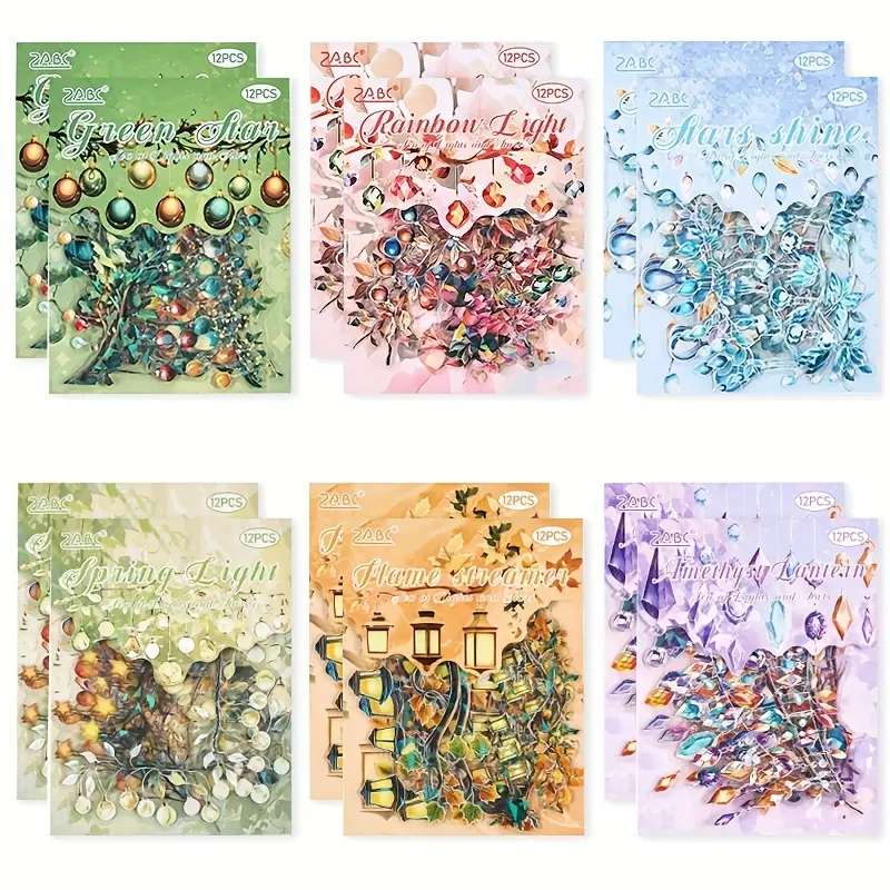 144 PCS Vintage Laser Color Light Strip Themed Scrapbook Stickers, Shimmery Waterproof Colorful Light Bulb Aesthetic Stickers, Adhesive Border Decor Stickers for Laptop, Scrapbook, Envelope (12 Pack)