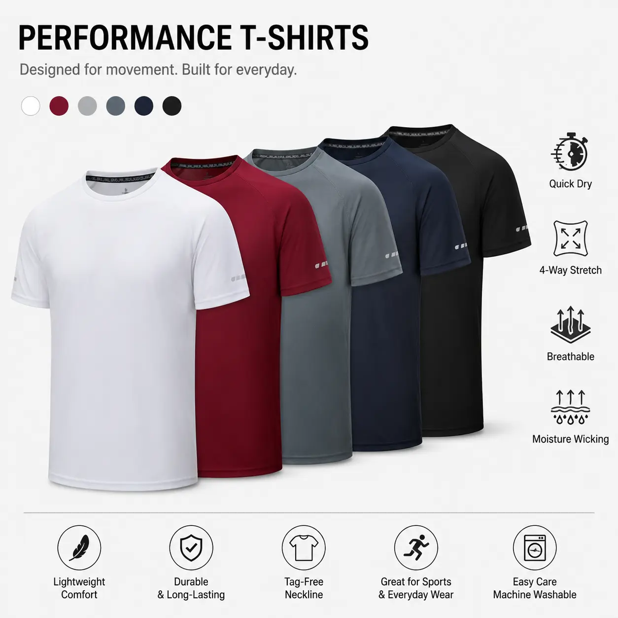 Men's Quick Dry Performance T-Shirt | Lightweight Moisture Wicking Athletic Workout Tee | Breathable 4-Way Stretch Running Gym Sports Shirt