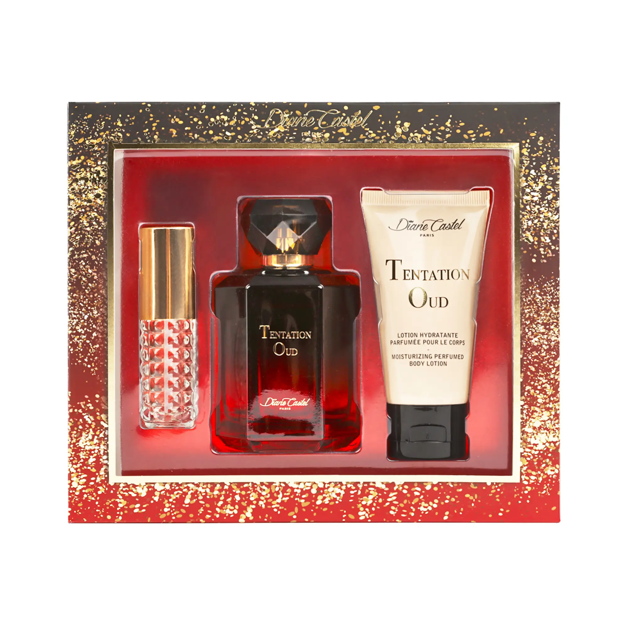 Diane Castel Tentation Oud Gift Set - Amber Spicy Gourmand Fragrance - Women Perfume and Body Lotion - Notes of Saffron, Jasmine, and Oud - 3 pc
