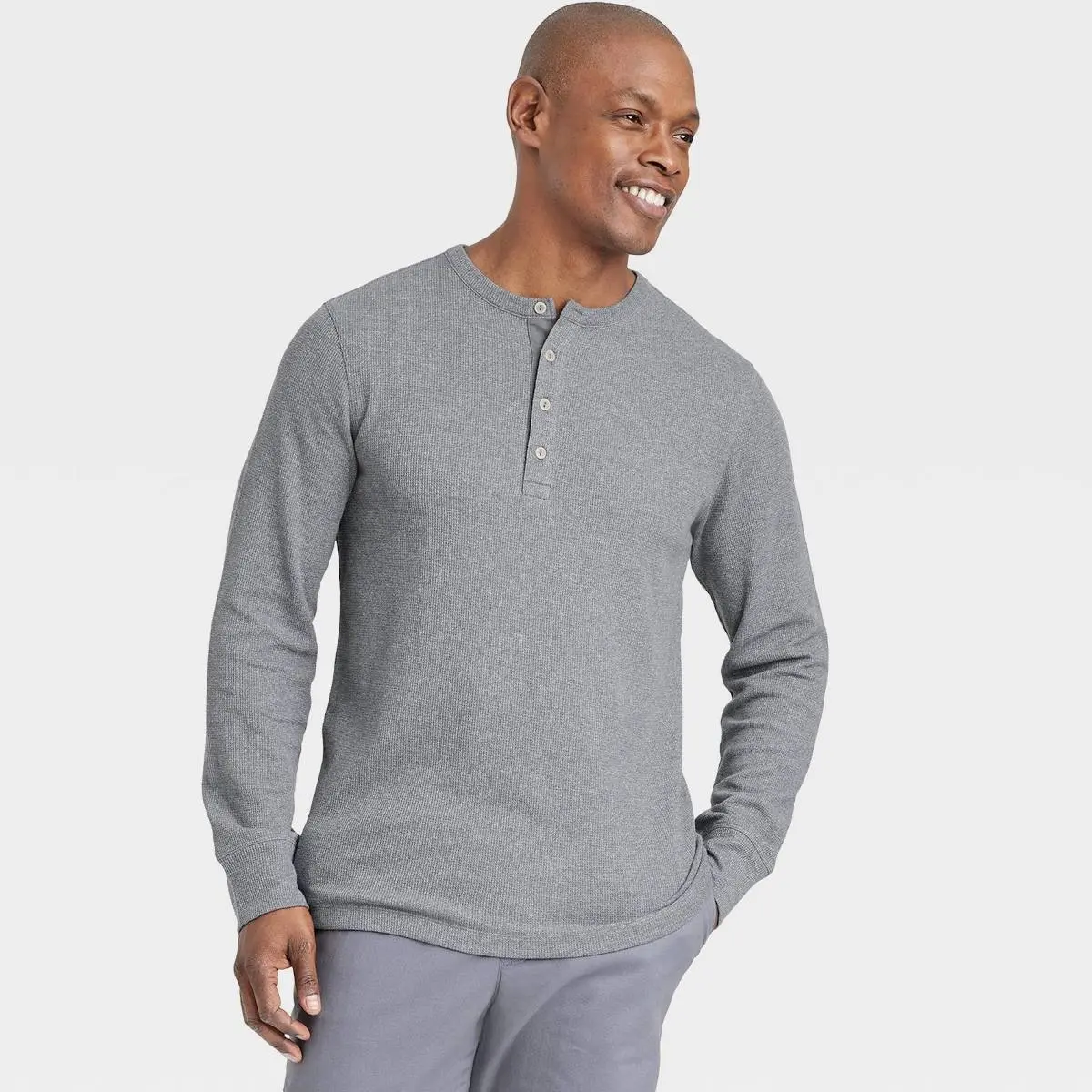 Men's Casual Textured 4-Button Long Sleeve Henley Pullover Tops - Plain Grey, Brand New with Tags, Menswear, Four Buttons