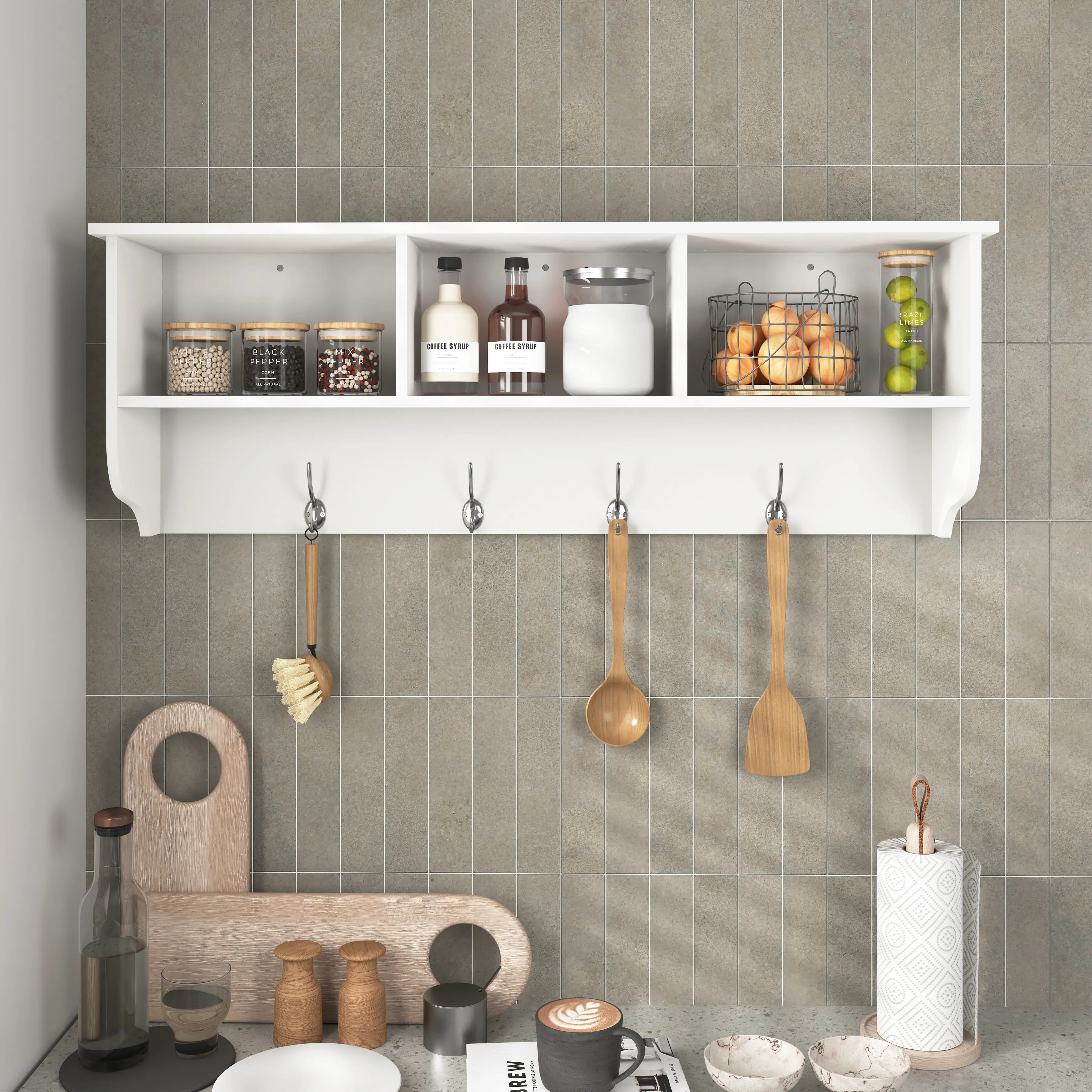 White Entryway Wall Mounted Coat Rack with 4 Dual Hooks Living Room Wooden Storage Shelf