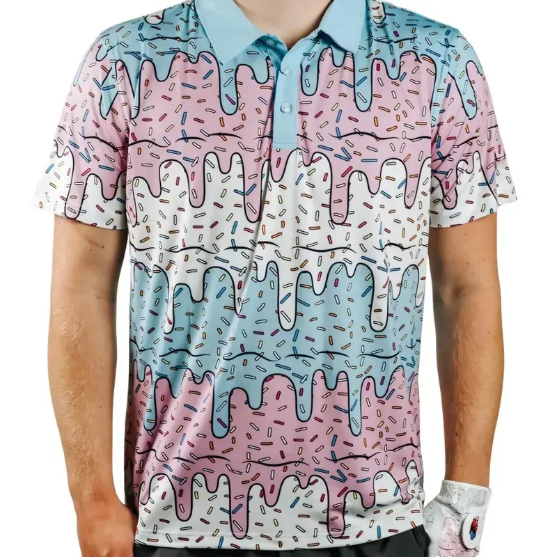 Men's Textured Piqué Fabric Polo Shirt - All-Over Ice Cream Sublimation Graphic, Regular Fit, Soft Stretch Menswear, 3-Button Placket, Breathable Short-Sleeve Athletic Top, Casual