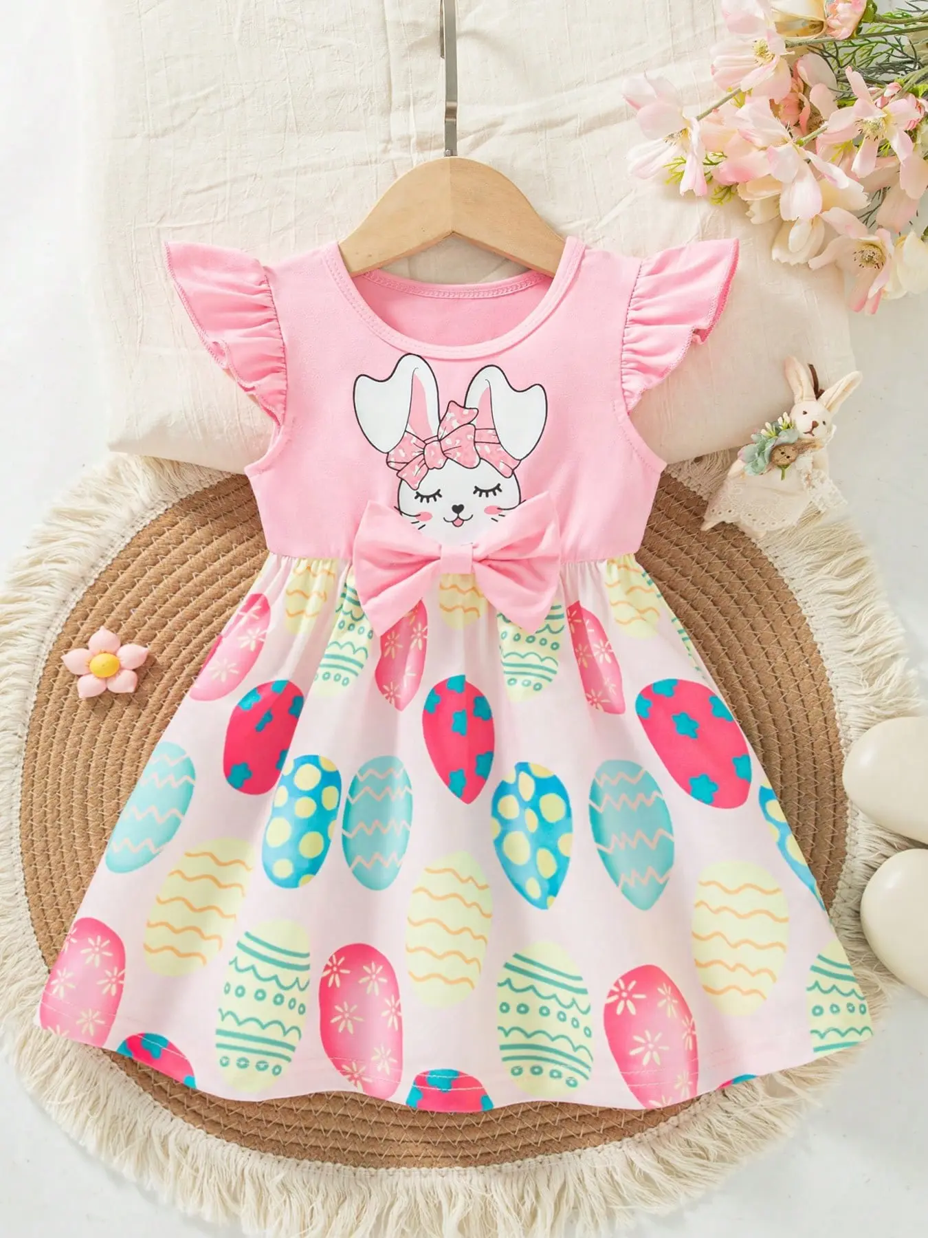 Baby Girls Summer New Cute Cartoon Rabbit Print A-Line Dress, Butterfly Decoration, Colorful Dinosaur Egg Pattern, Casual Easter, Baby Clothing