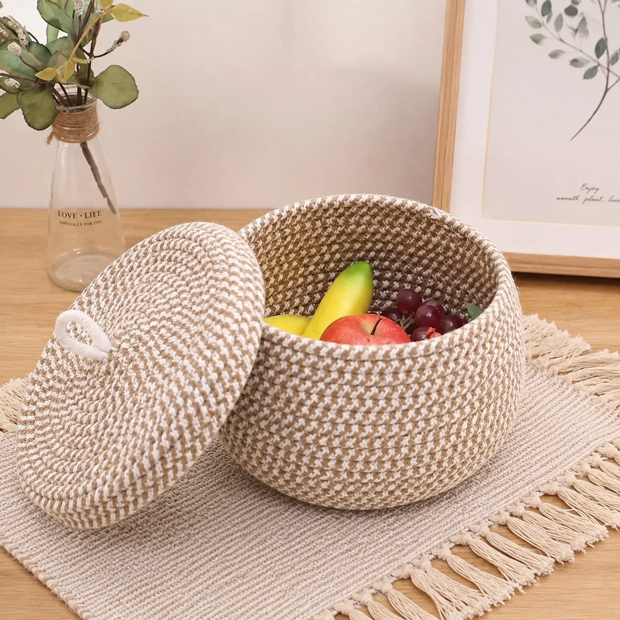 Round Cotton Storage Basket with Lid, Multi-Purpose Organizer for Snacks, Eggs, Cosmetics, Small Items, Living Room Table Decor