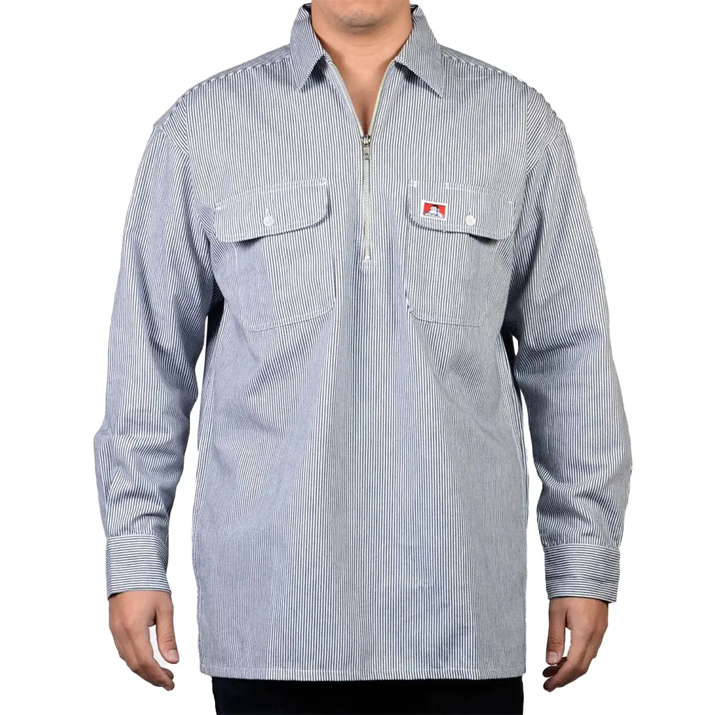 Ben Davis Men's Hickory Stripe Half-Zip Shirt, Casual Fitted Long-Sleeve Cotton-Polyester Workwear with Pocket, Made in USA, Casual Fitted Shirt