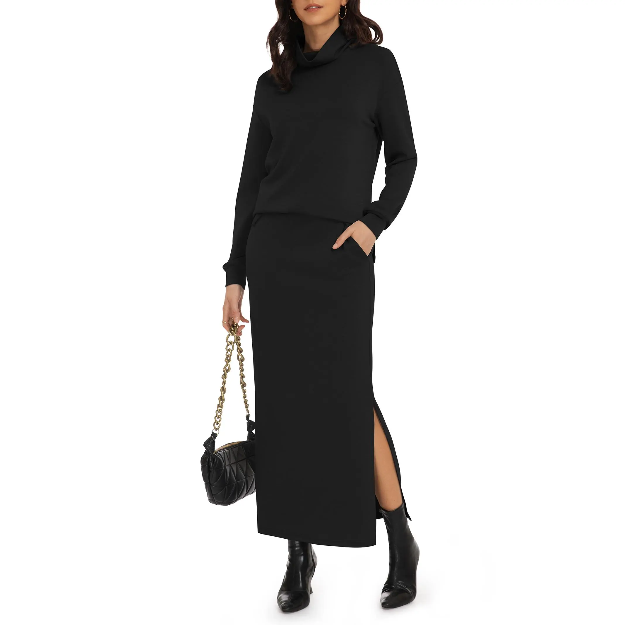 Women's 2-Piece Skirt Set - Fitted Turtleneck Pullover & Long Slit Skirt, Breathable Nylon Cotton Loungewear with Pockets, Low Iron, Basic sohochic