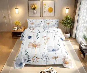 Feelyou Watercolor Floral Print Comforter Set - Blue Beige Microfiber Bed Set, Breathable Modern Minimalist White Quilt, Machine Washable Duvet Insert for Adult Women's Bedroom Bedding, Bedroom Bedding Set