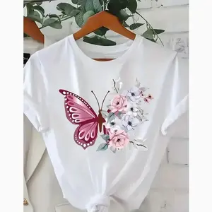 Women'S Crew Neck T-shirt with Geometric Butterfly and Floral Print, Light Luxury and Simplicity Style, Suitable for All Seasons Top 5EI