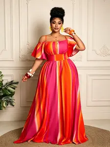 Plus Size Gradient Striped Long Dress, Off-Shoulder Ruffle Sleeve Design, Sunset, Perfect for Vacation or Date Night
