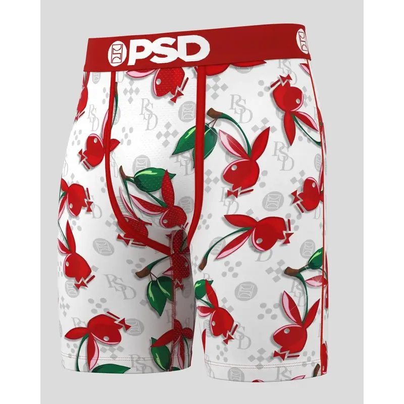PSD Mens Playboy Cherry Lux Boxer Brief - Standard Length 7 Inch Inseam, Soft and Breathable Poly Blend Fabric