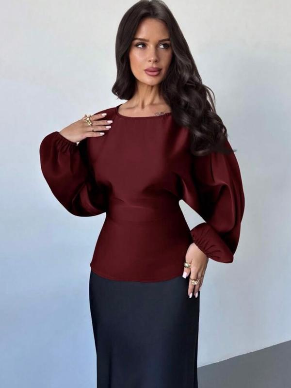 Elegant Satin Lantern Sleeve Top Blouse, Back Tie Waist Design, Round Neck, Perfect for Commuting and Dates, High-End Style
