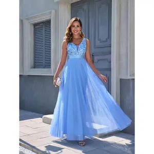 Golden Embroidered Mesh Dress – V-Neck Sleeveless Gown w/ Spaghetti Straps, Elegant Long Dress for Wedding, Party & Special Occasions