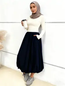 Women's A-Line Midi Skirt with Pockets, Casual Draped Design, Elastic Waist, Natural Waist, Long Lantern Style, All Seasons, Elegant Fashion Skirt