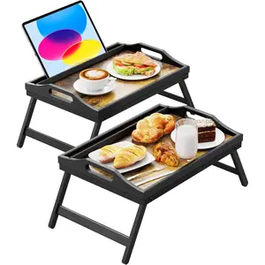 Breakfast in Bed Trays Set of 2, 16.92 x 12.6 Inch Bedside Table Tray with Folding Legs and Handles, Bamboo Food Leg Tray for Dining/Watching TV/Recovering from Surgery, Set of 2