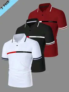 Men's Polo Shirt Set, Classic Fashion Striped Paris Letter Graphic Print, Quick-Dry Short Sleeve Sports Performance Polo Shirts, Casual Fitted Tee