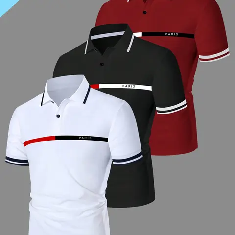 Men's Polo Shirt Set, Classic Fashion Striped Paris Letter Graphic Print, Quick-Dry Breathable Short Sleeve Sporty Sports Performance Polo Shirts, Casual Fitted Tee