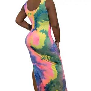 Women's Rainbow Tie Dye Bodycon Maxi Dress - Colorful Sleeveless Fashionable Dress for Women Summer