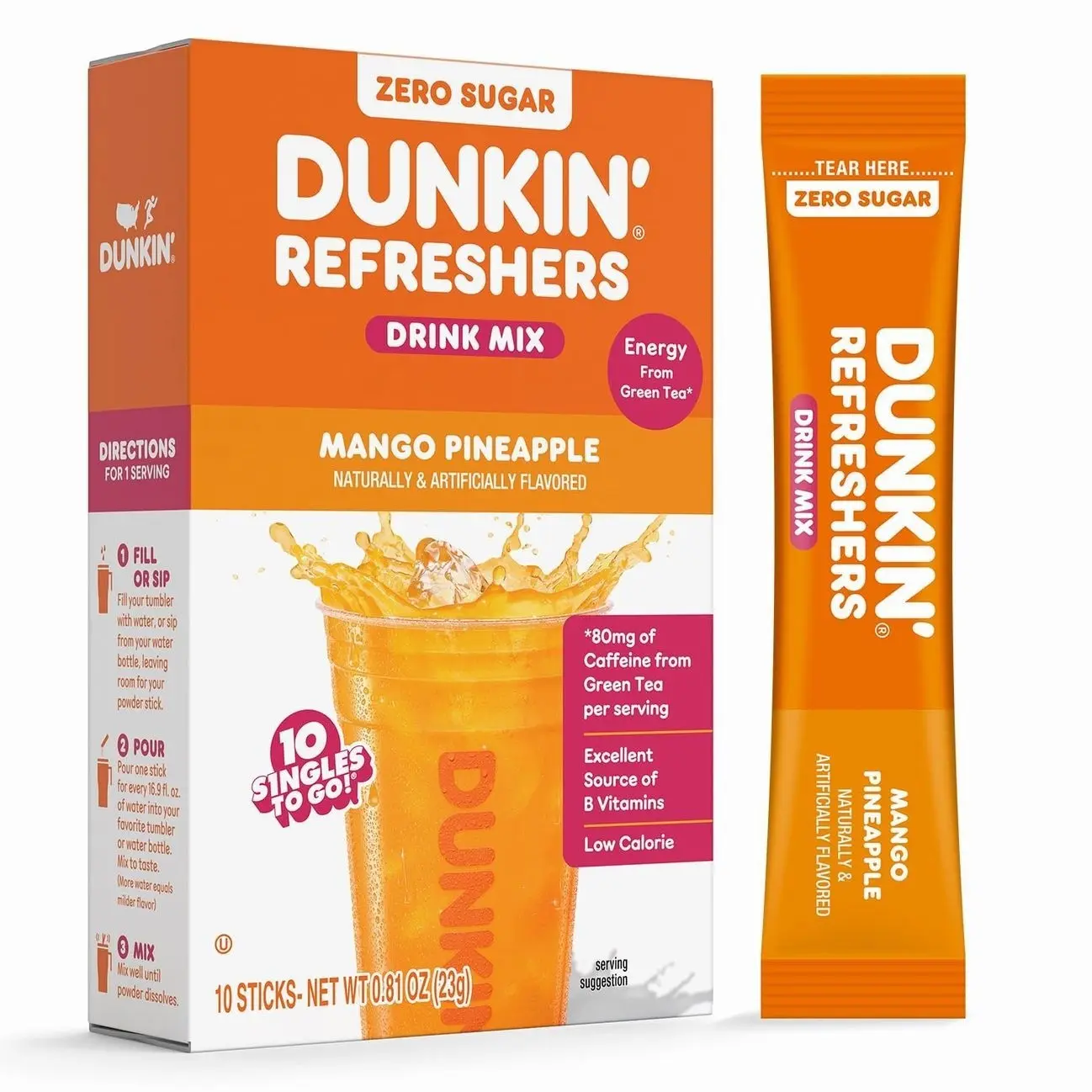 Dunkin’ Refreshers Singles To Go! Powdered drink mix packets, Mango Pineapple,10 packets per box Energy from Green Tea, aspartame-free, no synthetic colors, naturally and artificially flavored, just add water