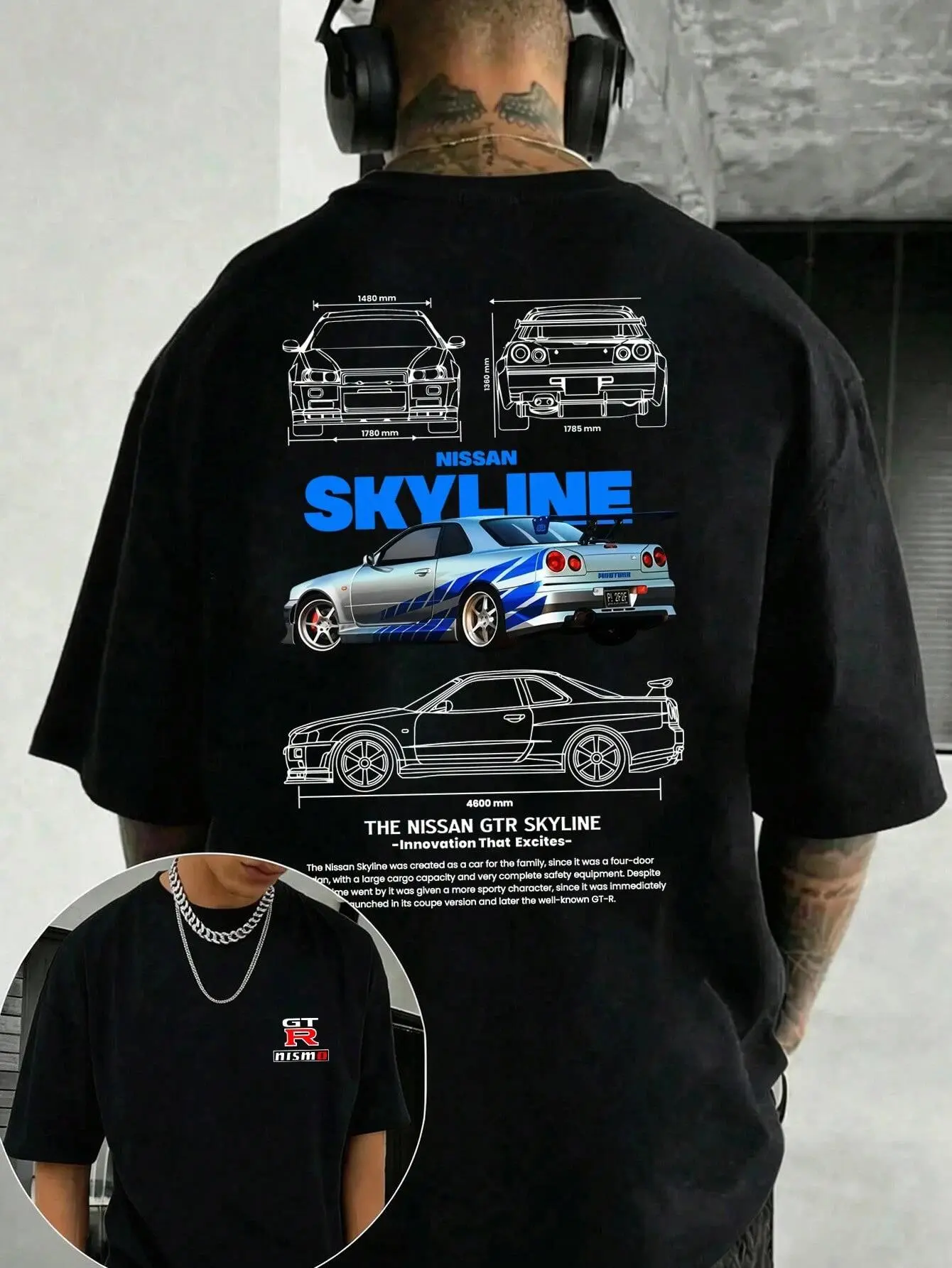 Men's T-Shirt, GTR Racing Car, Graphic Tee,Skyline Car Blueprint, 100 Percent Cotton, Soft And Comfortable, Autumn Top, Basic Style Unisex, Holiday Gift, Men's T-Shirt, Locally Produced And Shipped | Car Enthusiast Streetwear Oversized Black