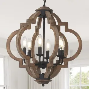 Farmhouse Chandelier W2738P185440 - 15.35" Wood & Metal Geometric Orb Light Fixture for Dining Room, Kitchen, Living Room - Adjustable Chain, Dimmable Lighting, Cottage Chic Style