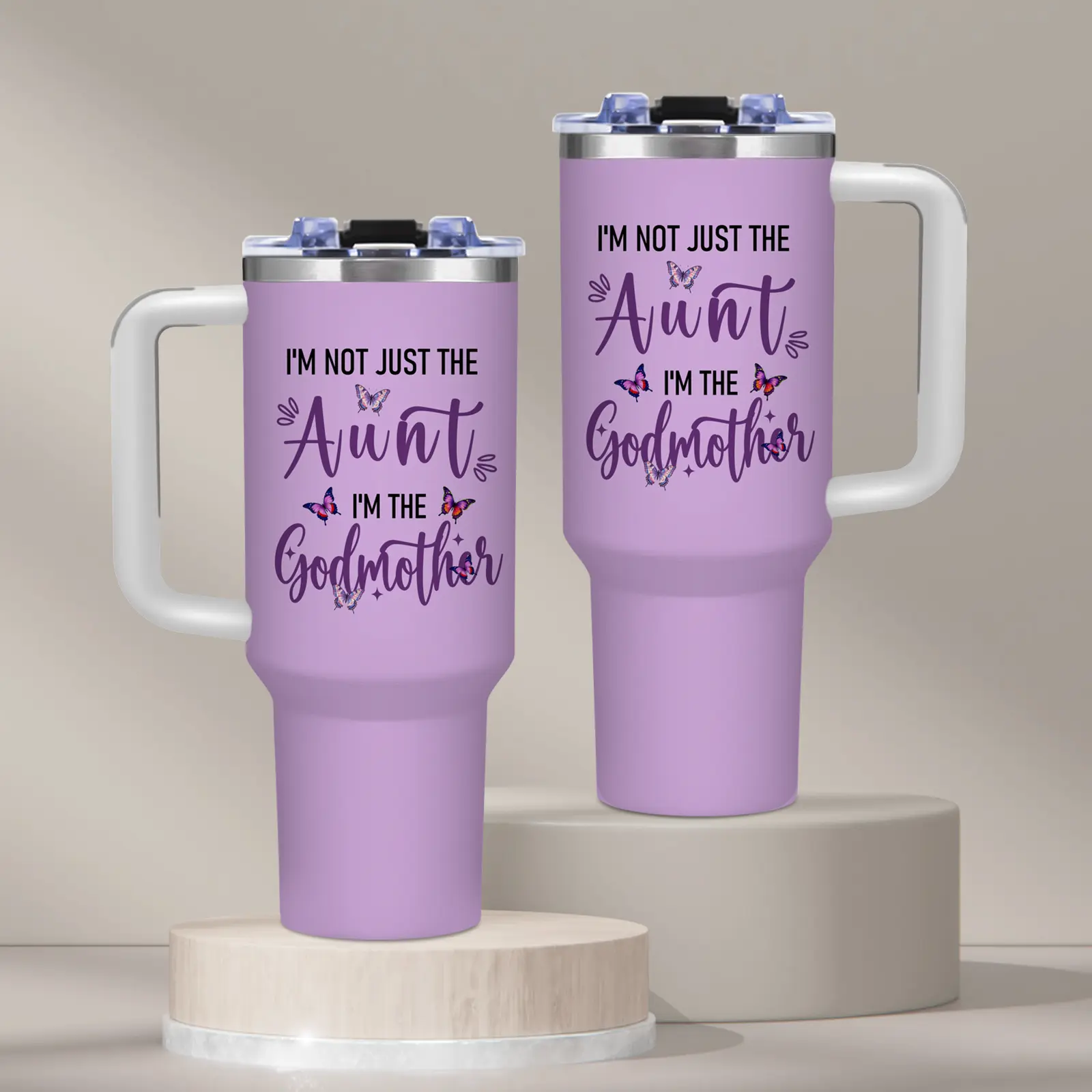 Butterfly Godmother, 40oz tumbler with handle, iced coffee cup, purple watercolor design, Godmother Lover Gift, for home and office, Birthday Gift, Summer, Travel Mug, Stainless Steel Vacuum Insulated Water Bottle, Tumbler Gift for Women and Men