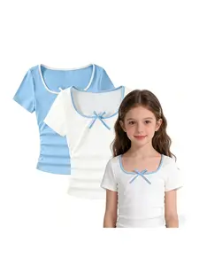 Young Girls Solid Color Casual Short Sleeve T-Shirt 2 Pack, Bow Decor, Knit Fabric, All Seasons, Kids Clothing, Casual Tee Tops