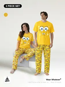 Classic Cartoon 「2-Piece Set」Duck Print, Comfortable Breathable Short Sleeve Long Pants, Ideal for Daily Wear at Home or Outdoors, Loungewear