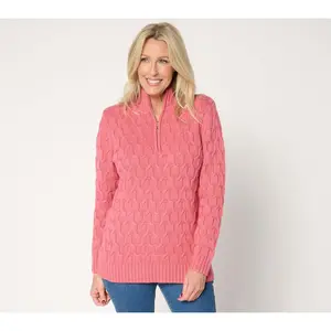 Joan Rivers Cotton Blend Novelty Cable Quarter Zip Sweater