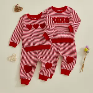 Babamoon Kids Baby Boys Outfits Set Waffle Long Sleeve Striped Hoodie Tops Sweatshirt with Heart Sweatpants Valentines Day Clothes