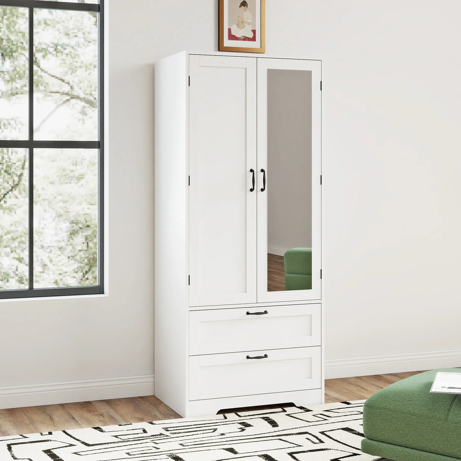65.3" Tall Modern Sliding Door Armoire Wardrobe Closet - 2-Door, 2 Large Drawers, Hanging Rod, Anti-Tip Kit, Mirror, Freestanding Indoor Bedroom Storage Furniture for Cloak Room, 65.3" Tall Storage