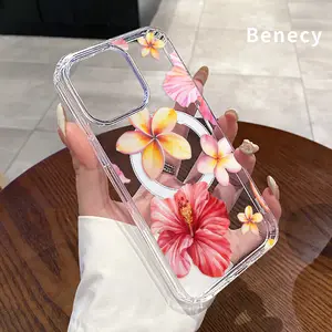 Clear Magnetic Case for iPhone 15 16 14 Pro Max 13 12 11 XR XS Plus  E Tropical Floral Symphony  Hard Acrylic Back Soft Edge Four Corners Bumper Shockproof Cover Shell Gift
