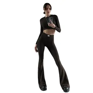 Round Neck Long-sleeved Top & Midriff-baring High-waisted Straight Bootcut Pants Casual Suit Polyester Spandex Spring 2026 Street Trendy - Fabric, Trouser Halter Crop and Maxi Skirt Set