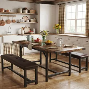 Garvee Extendable 3 to 5 Piece Dining Table Sets for 4-6 with Upholstered Benches, Metal Frame, Wood Rectangle Table, Suitable for Small Spaces and Apartments, Easy Assembly, Available in Retro Brown, Black, and Gray