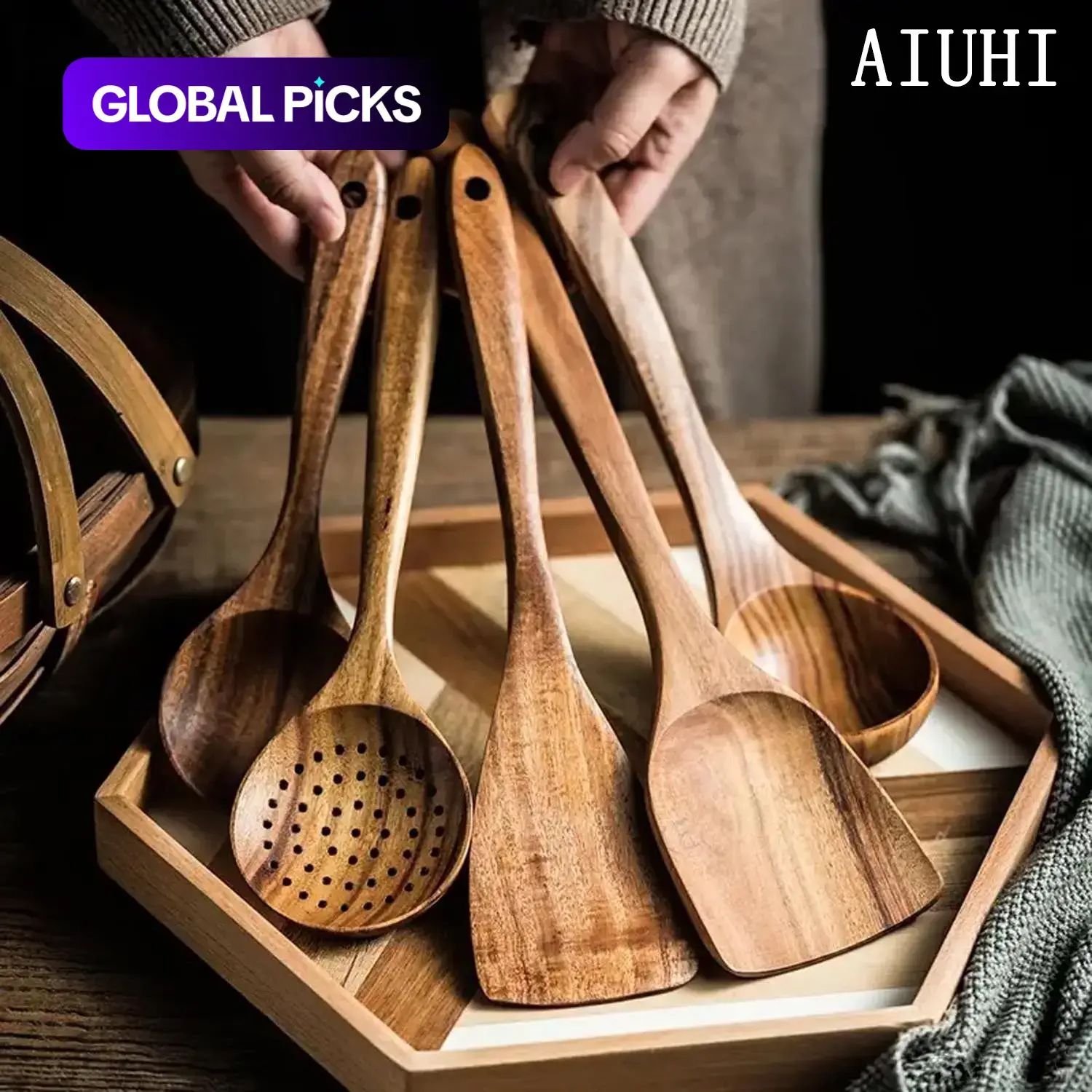 Wooden Utensil Set, Cooking Utensils 5 or 7 or 11 Pack Nonstick Cooking Tools for Home Kitchen #GLOBAL PICKS
