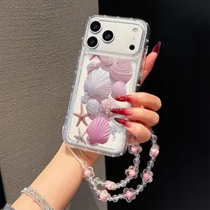 2 Piece Set: Transparent Ocean Shell Pattern Protective Shockproof Smartphone Case + Bracelet, Durable Tpu Full Coverage for iPhone 11-16 Plus