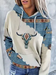[Bohemian Hoodie] Women's Winter Hoodies Western Ethnic Hoodies,Highland Bull Head Print Pullover Hoodies Sweatshirts,Long Sleeve, Round Neck, Versatile Outerwear Top, Comfortable Casual Attire