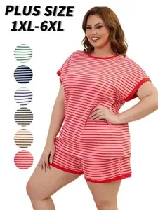 【PlusSize】Women's Cotton Pajama Sets 2-Piece Lounge Set, Stripe Short Sleeve Comfy Pj Set, Spring/Summer Loungewear Sleepwear with Pockets, Women's Loose Shortsleeve Casual Medium Homewear| plus size fashion