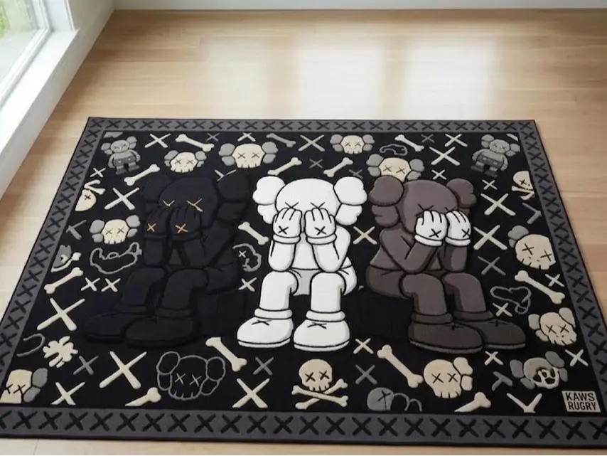 Black KAWS Inspired Hand Tufted DOORMAT, Pop Art Carpet, Hypebeast Decor, High low pile