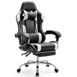 Video Game Desk Chair - Ergonomic Computer with Footrest and Comfy Lumbar Support, PU Leather Recliner with Headrest - White