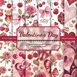 12pcs Sweet Cherry Floral & Hearts Scrapbook Paper Pad - Romantic Love Theme Valentine's Day Craft Paper for Card Making, Journaling, Photo Albums & Craft Projects, Scrapbooking Supplies