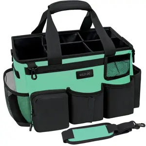 Green wearable cleaning bag with handle and shoulder strap suitable for cleaning car cleaning tool storage bag, with 5 foldable partitions