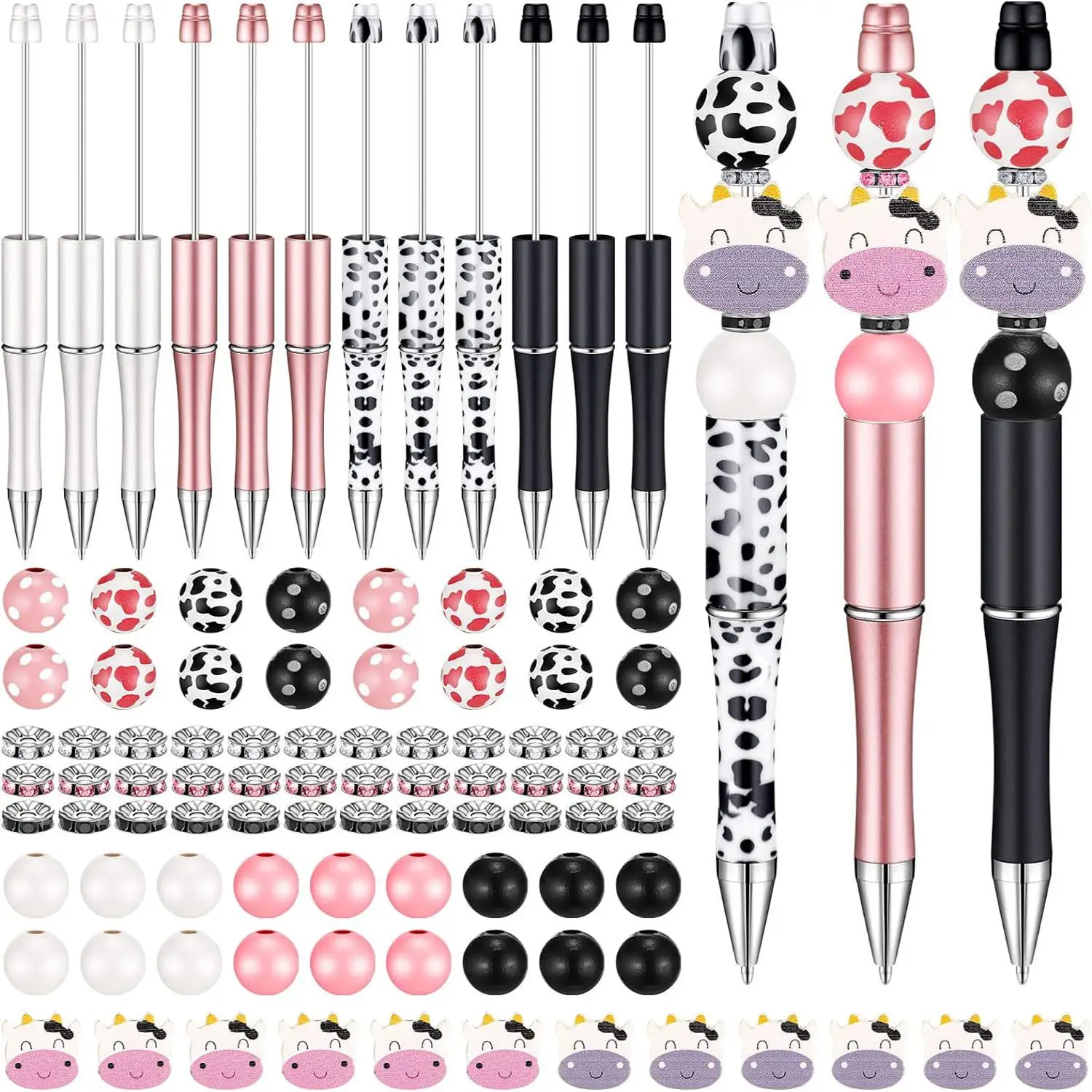 Cow Design Beading Pen Set, 80pcs/set DIY Beading Pen Set, Including 8 Counts Beading Pen & 42pcs Wooden Beading & 30pcs Crystal Beading, DIY Beading