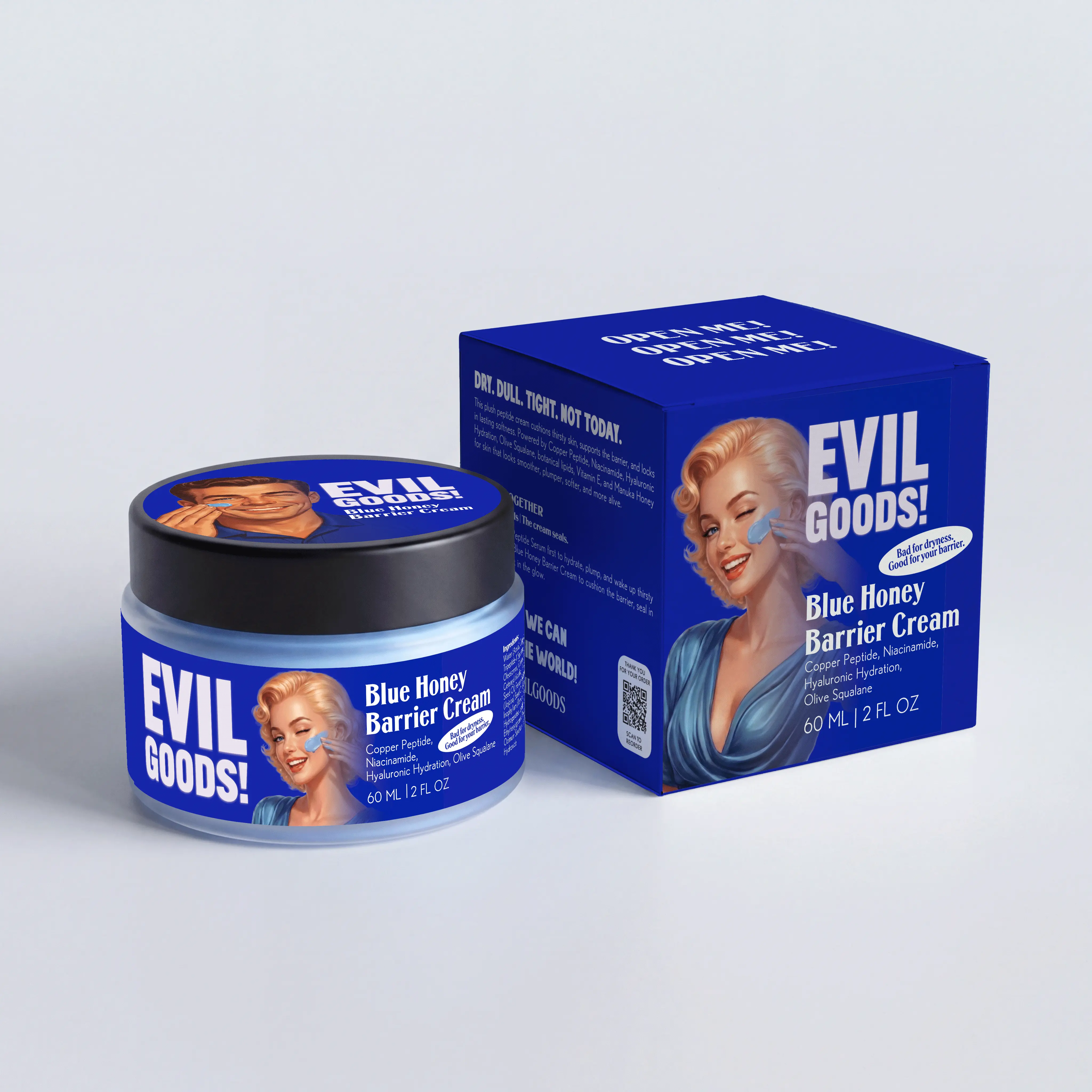 EVIL GOODS! Blue Honey Barrier Cream with Copper Peptide, Niacinamide, Hyaluronic Acid & Manuka Honey – Moisturizer for Dry, Dull & Tight-Feeling Skin – 2 oz