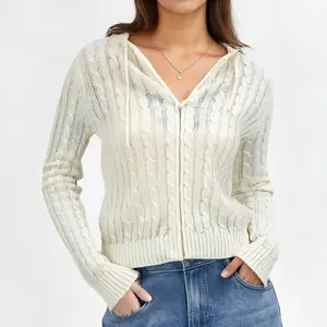 Women's Cable Knit Hooded Cardigan Fashionable Casual Solid Color Long Sleeve Zip Up Sweater